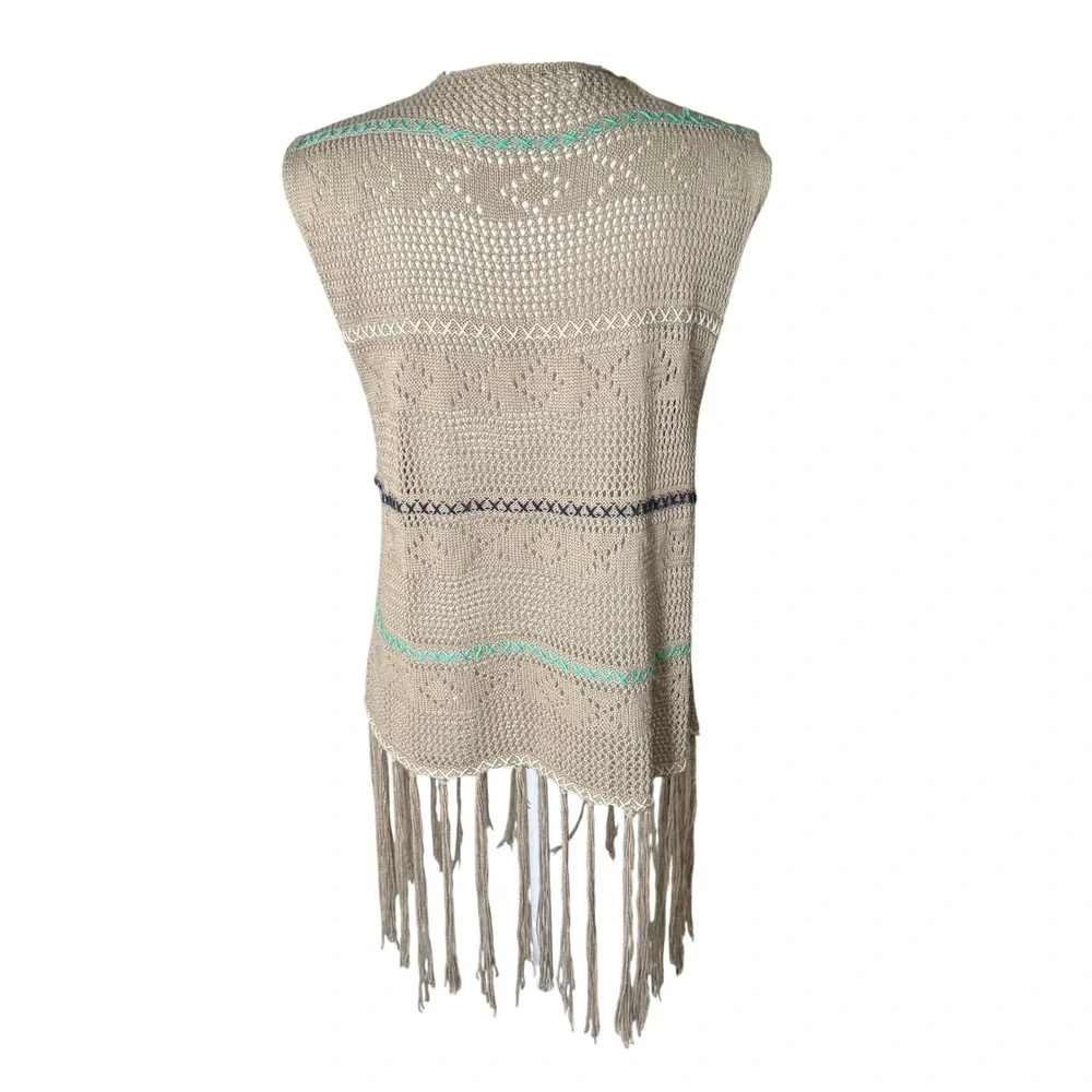Umgee Tan Crochet Knit Fringe Vest 1XL Open Front Boho Festival *RUNS‎ SMALL